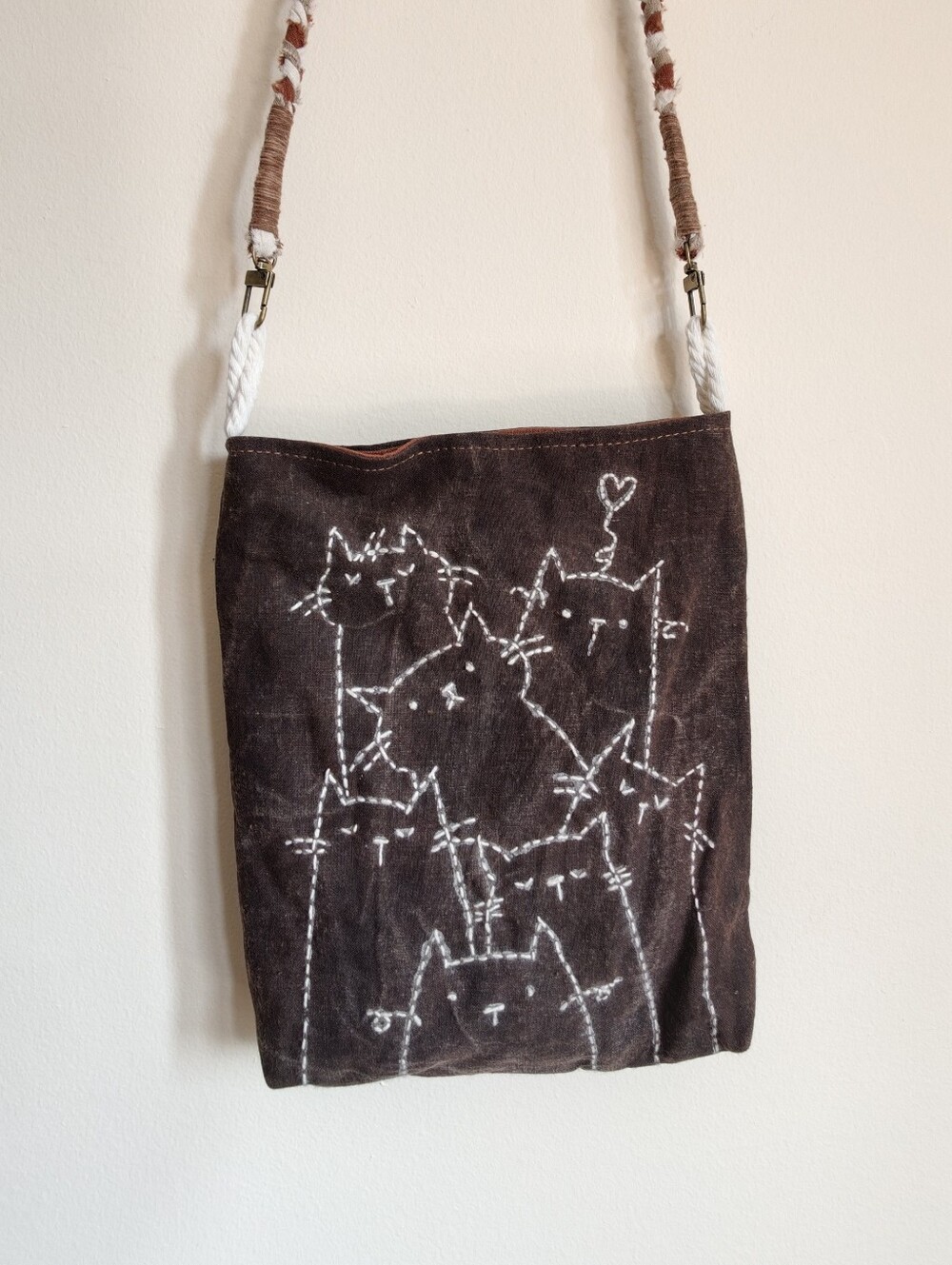 Hand-Embroidered Brown Bag with Braided Strap